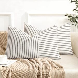 Hckot Farmhouse Pillow Covers 12x20, Set of 2, Black & Beige Striped